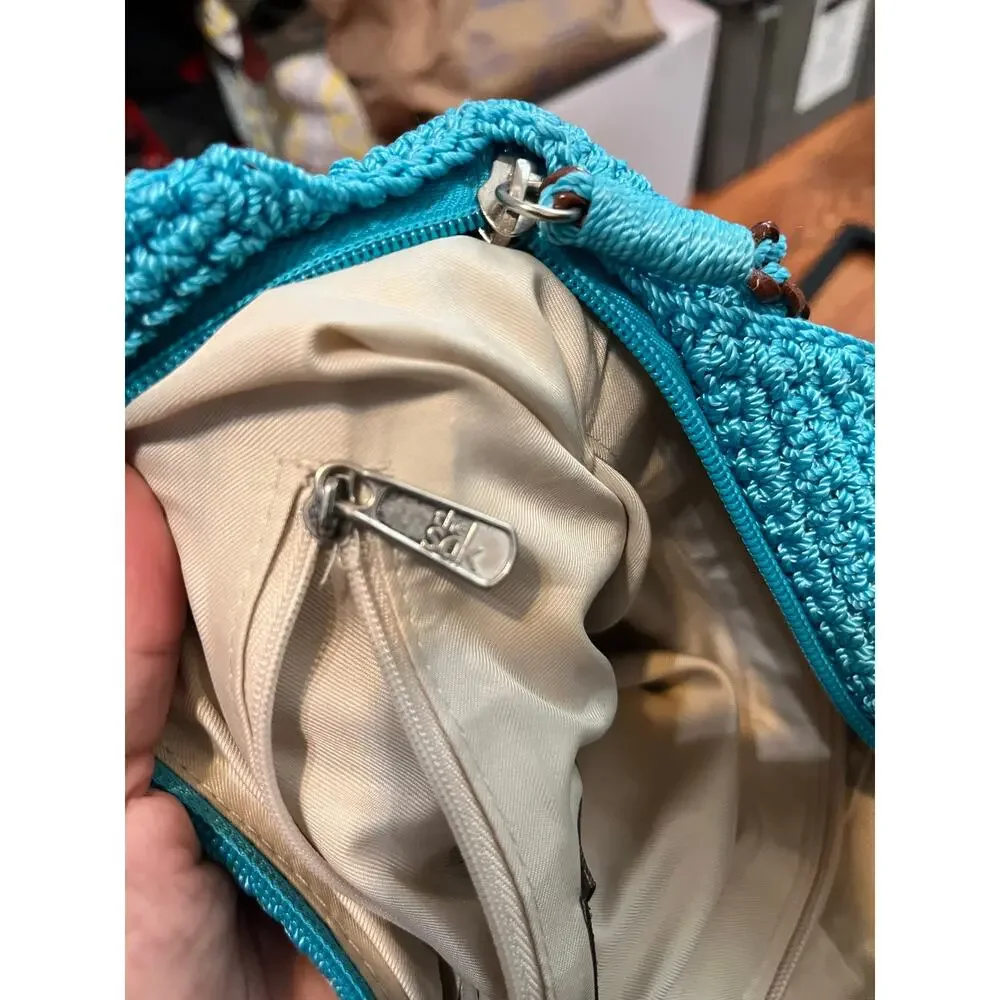 The Sak Crochet Teal Brown Embroidered Chill Palm Tree Shoulder Bag Vacation